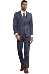 Men's Stacy Adams Classic One Button Vested Windowpane Suit in Charcoal Grey