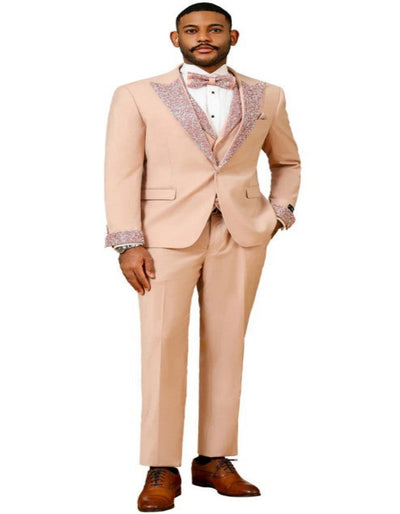 Peach Coral Salmon Prom Tuxedo - Perfect Wedding Suit Vested rhinestone Lapelled