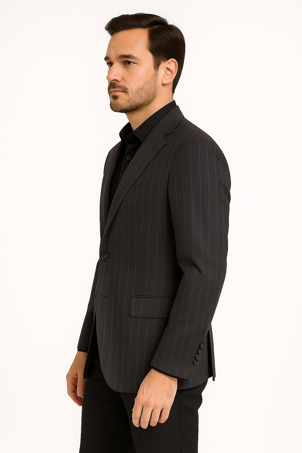 Pinstripe Blazer in Black Pinstripe Almost Dark Charcoal Grey Pinstripe Sport Coat - 1920s Pattern Sport Coat 5   - from alligatorwarehouse.com