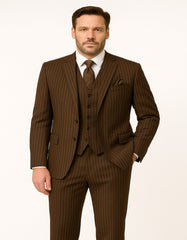 Men's Brown Pinstripe 3-Piece Suit with Matching Vest ƒ?? Classic Fit Business and Formal Attire