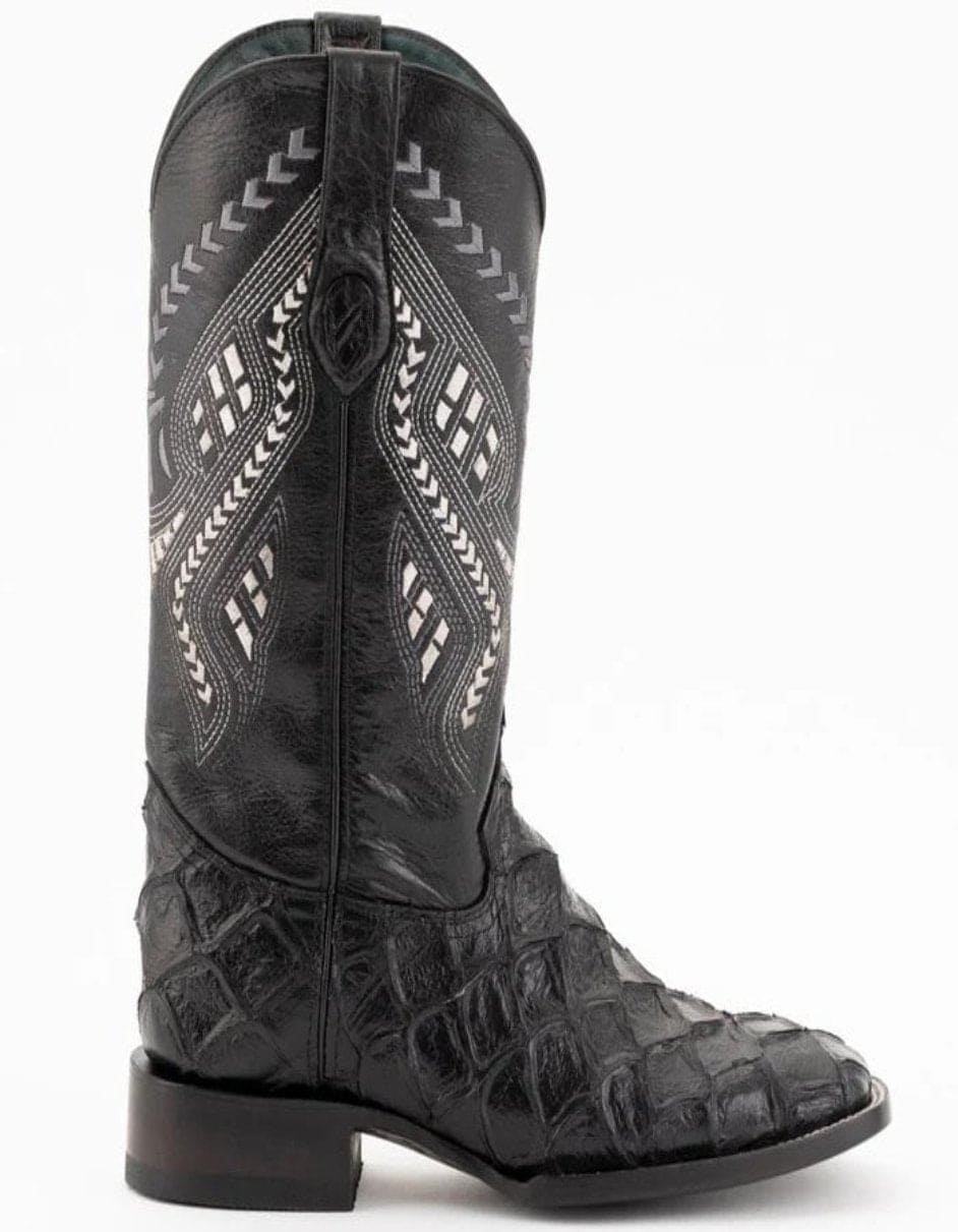 Ferrini Bronco Men's Print Pirarucu Fish Boots Handcrafted Black 5 43393-04-080-D  - from alligatorwarehouse.com