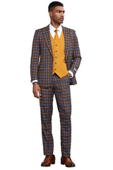 Men's Stacy Adams Bold Windowpane Plaid Print Vested Suit in Grey & Gold