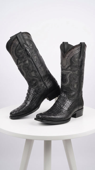 Men’s Black Caiman Crocodile and Deer Western Boots LAB-76F0105, European Toe Exotic Cowboy Dress Boots