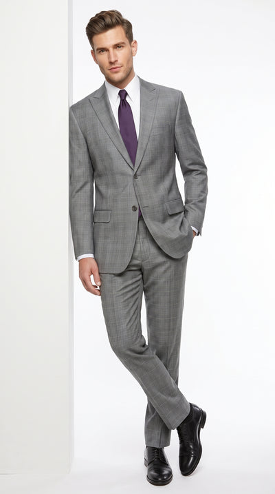 Men’s Grey Plaid 2 Button Suit, Modern Fit Peak Lapel Formal Wedding Business Suit