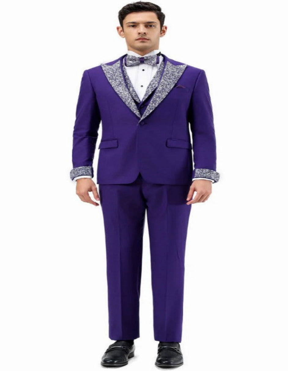 Purple and Silver Prom Tuxedo - Perfect Wedding Suit Vested rhinestone Lapelled