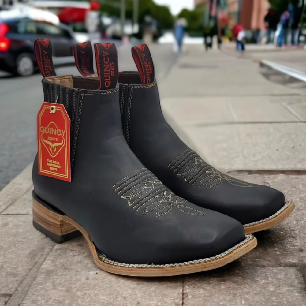 Mens Quincy Boots Crazy Horse Black Chelsea Boots Square Toe