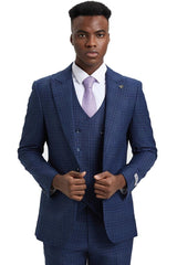Men's Stacy Adams One Button Peak Lapel Double Breasted Vest Suit in Blue & Purple Plaid