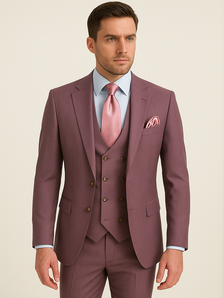 Rossi Man MAX RM1381 Slim Fit 3-Piece Suit – Modern Tailored Solid Raspberry Suit for Men