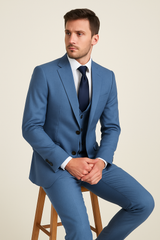 Rossi Man MAX RM1387 Slim Fit 3-Piece Suit – Stylish Solid Blue Formalwear for Men