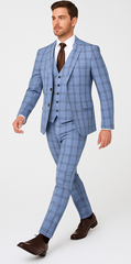Rossi Man MAX RM1822 Slim Fit 3-Piece Suit – Premium Light Blue & Brown Plaid Formal Suit for Men