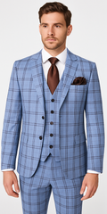 Rossi Man MAX RM1822 Slim Fit 3-Piece Suit – Premium Light Blue & Brown Plaid Formal Suit for Men