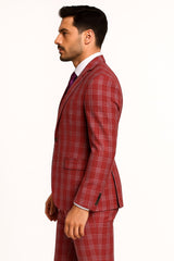 Mens Red Plaid Three-Piece Suit – Bold Checkered Pattern with Vest and Matching Pants