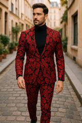 Mens Red and Black Floral Brocade Tuxedo Suit ƒ?? Two Piece Slim Fit Set