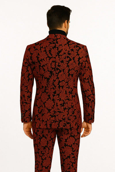 Mens Red and Black Floral Brocade Tuxedo Suit ƒ?? Two Piece Slim Fit Set