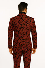 Mens Red and Black Floral Brocade Tuxedo Suit ƒ?? Two Piece Slim Fit Set