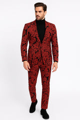 Mens Red and Black Floral Tuxedo Suit ƒ?? Slim Fit 2 Piece Embroidered Outfit for Weddings, Prom, and Formal Events