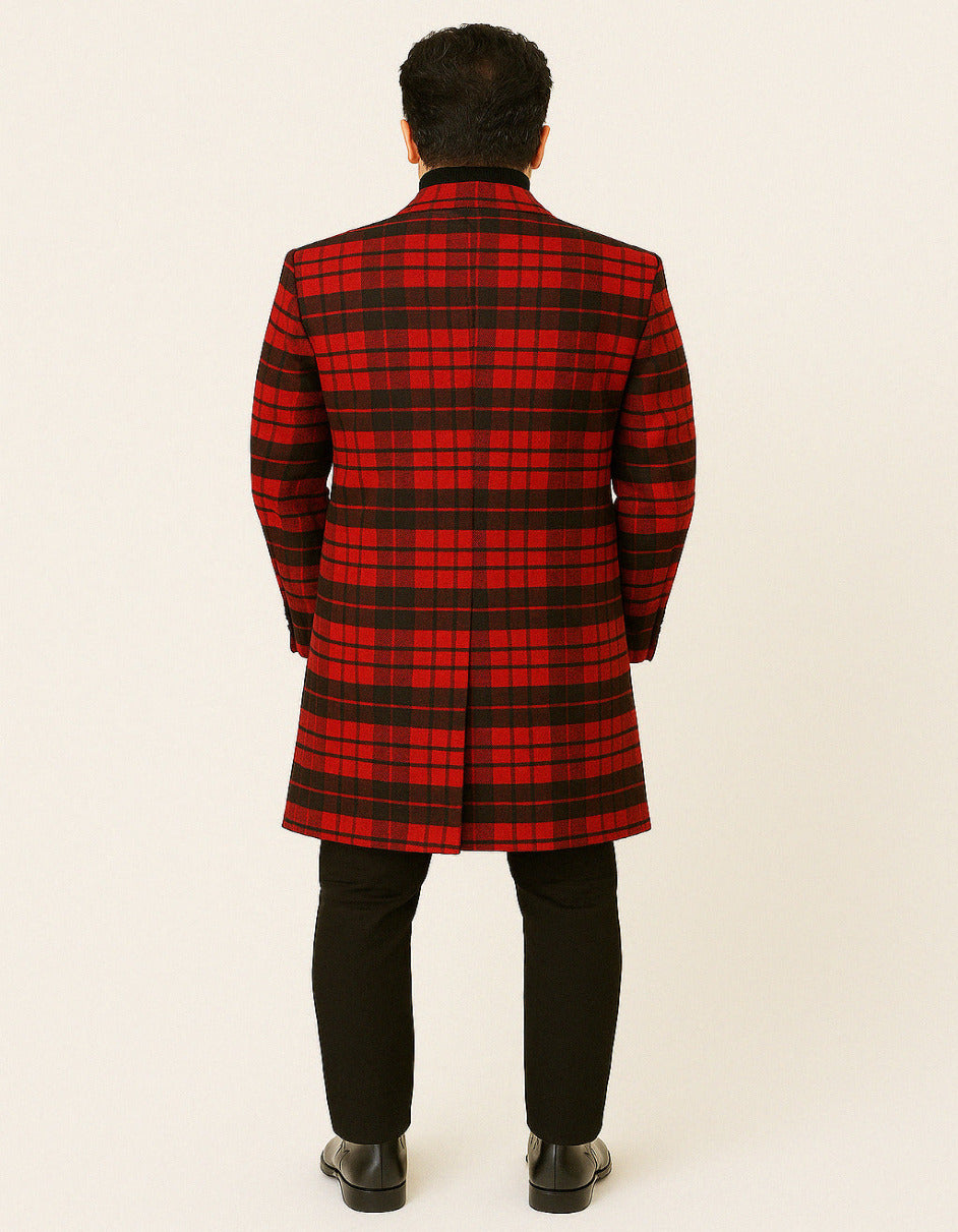 Mens Red and Black Plaid Wool Overcoat – Three Quarter Carcoat - Christmas Coat - Red Peacoat 3   - from alligatorwarehouse.com
