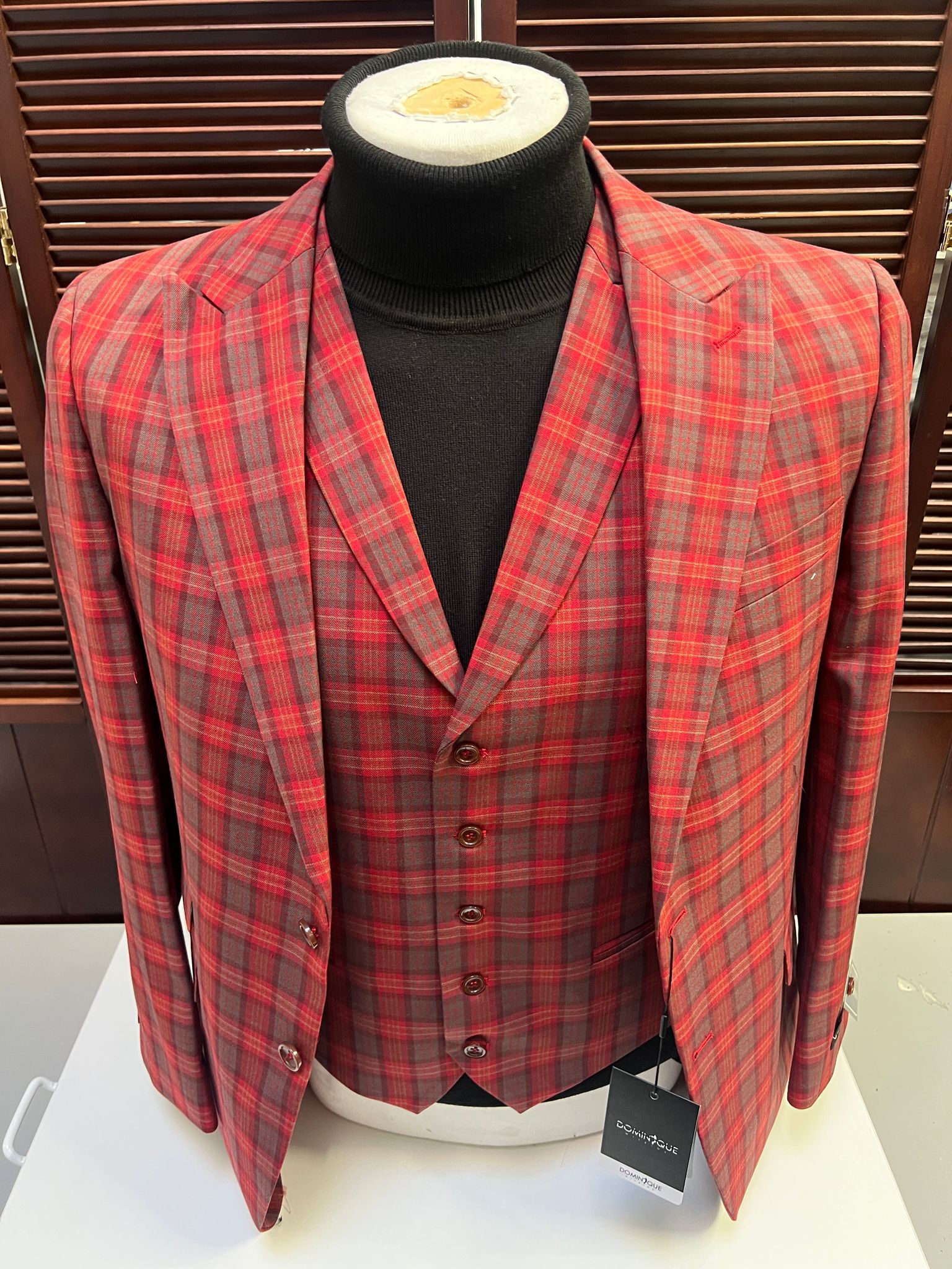 Red Tartan Suit Christmas Party Event - Plaid 3-Piece Slim Fit Suit with Vest - Window pane Pattern 4   - from alligatorwarehouse.com
