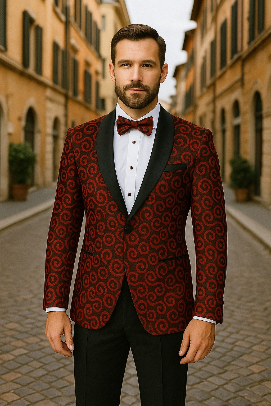 Red and Black Tuxedo Suit – Mens Formal Blazer with Satin Shawl Lapel
