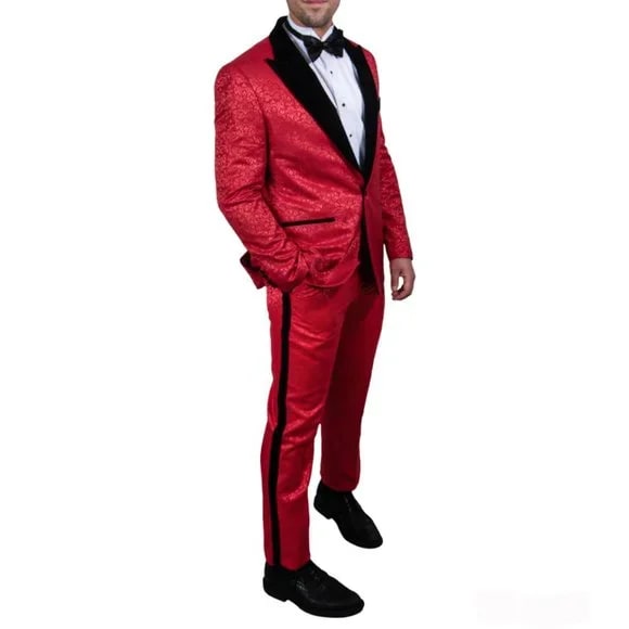 Exclusive Stacy Adams Velvet Paisley 2-PC Tuxedo Suit, Red and Black 3   - from alligatorwarehouse.com
