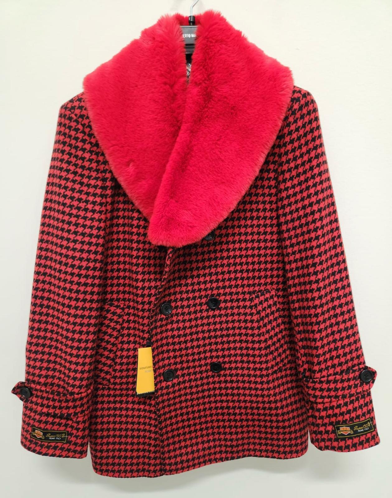Men’s Red and Black Houndstooth Overcoat with Faux Fur Shawl Collar – Luxury Double-Breasted Winter Coat