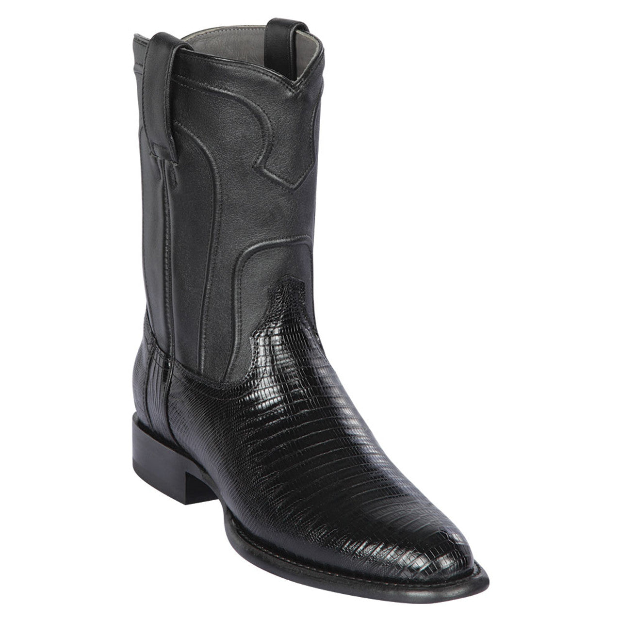 Los Altos Mens Genuine Lizard Teju Skin Black Roper Round Toe Boot 1   - from alligatorwarehouse.com