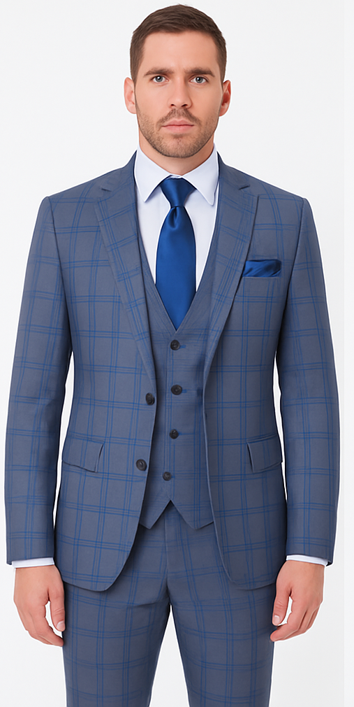 Rossi Man MAX RM1823 Slim Fit 3-Piece Blue Plaid Suit – Tailored for Weddings & Business 5   - from alligatorwarehouse.com