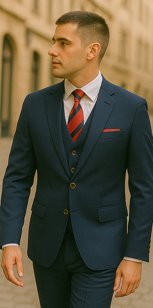 Rossiman Navy Blue Suit for Men – Classic 1-Button Peak Lapel Jacket & Double-Breasted Vest 4 SKU#58167  - from alligatorwarehouse.com