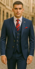 Rossiman Navy Blue Suit for Men – Classic 1-Button Peak Lapel Jacket & Double-Breasted Vest
