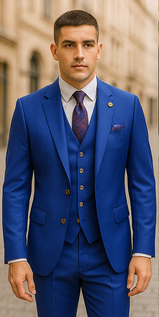 Rossiman Royal Blue Suit for Men – Classic 1-Button Peak Lapel Jacket & Double-Breasted Vest