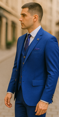 Rossiman Royal Blue Suit for Men – Classic 1-Button Peak Lapel Jacket & Double-Breasted Vest