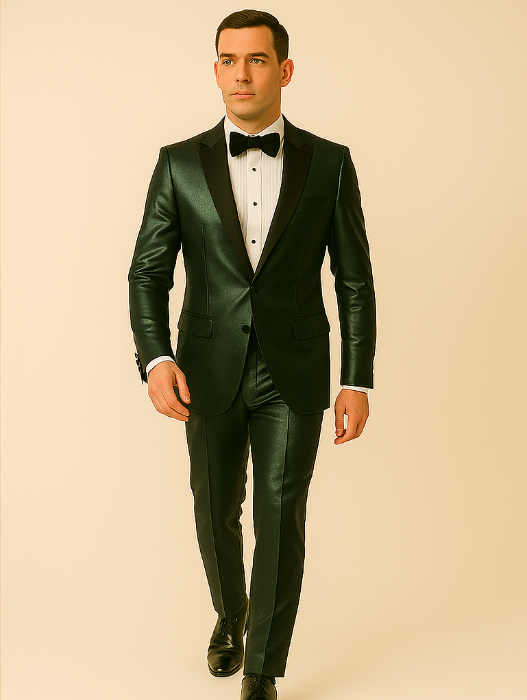 Rossiman Men’s Green Sateen Suit – Glossy Finish with Modern Flair