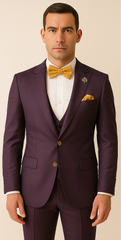 Rossiman Men’s Plum Purple Suit – Gold Buttoned Double-Breasted Elegance