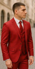 Rossiman Men's Red Suit – Stylish 1-Button Peak Lapel Jacket & Double-Breasted Vest