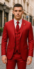 Rossiman Men's Red Suit – Stylish 1-Button Peak Lapel Jacket & Double-Breasted Vest