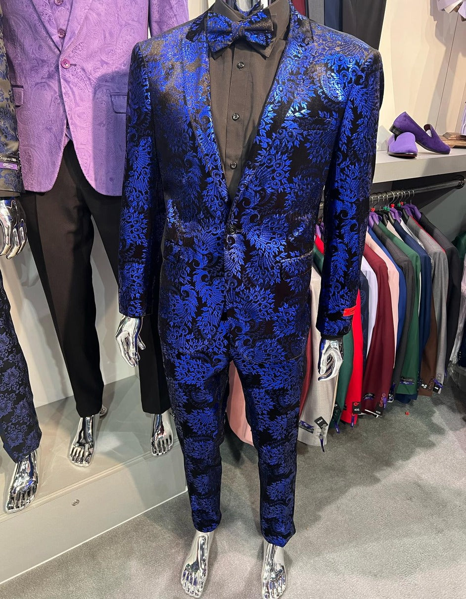 Menƒ??s Royal Blue and Black Floral Tuxedo Suit ƒ?? Slim Fit 2 Piece Formal Outfit with Matching Bow Tie