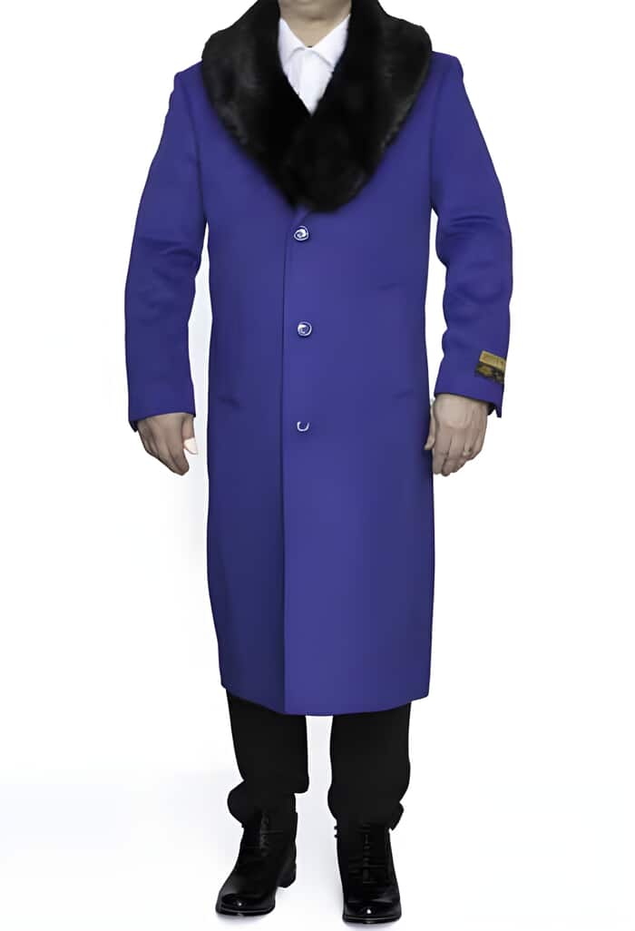 Removable Fur Collar Full Length Ankle length Wool Dress Top Coat / Overcoat In Royal Blue - Mens Overcoat 1   - from alligatorwarehouse.com