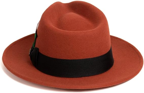 Gangster 100% Austrailian Wool Crushable Mens Fedora Hat - Removable Feather Gangster Rust Mens Fedora Hat
