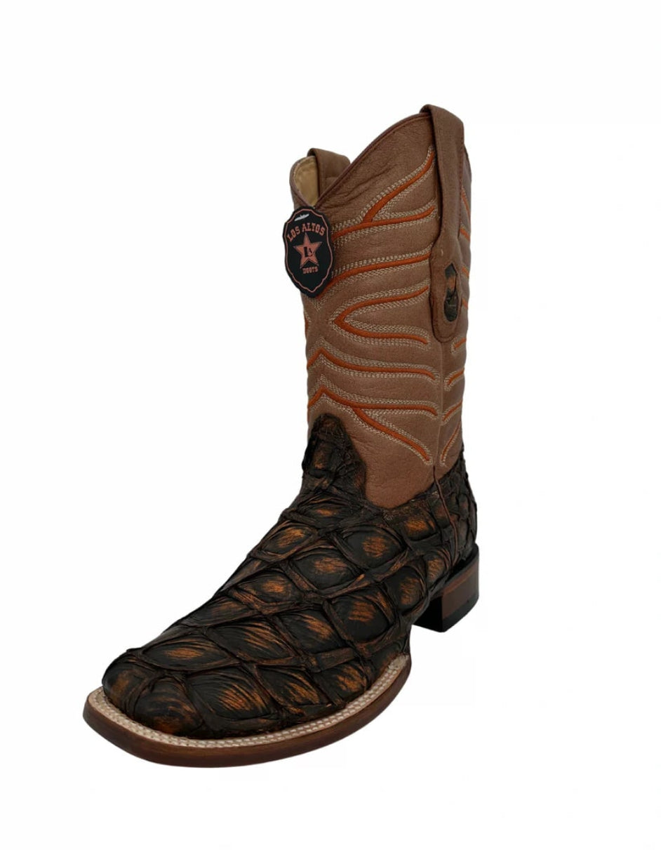Los Altos Men's Rustic Cognac Genuine Pirarucu Wide Square Toe Boot 1   - from alligatorwarehouse.com