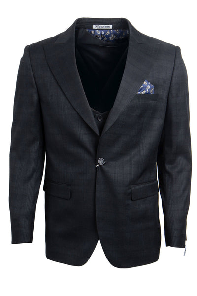 "Mens Stacy Adams Suit - Stacy Adams Suit Men's Glen Plaid Suit - One Button Vested Peak Lapel in Black"