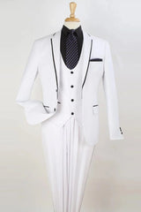 Mens Two Button Slim Fit Vested Prom Tuxedo Suit with Trim in White