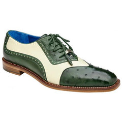 Belvedere Sesto Forest Green / Cream Genuine Ostrich Quill Italian Calf Wingtip Shoes