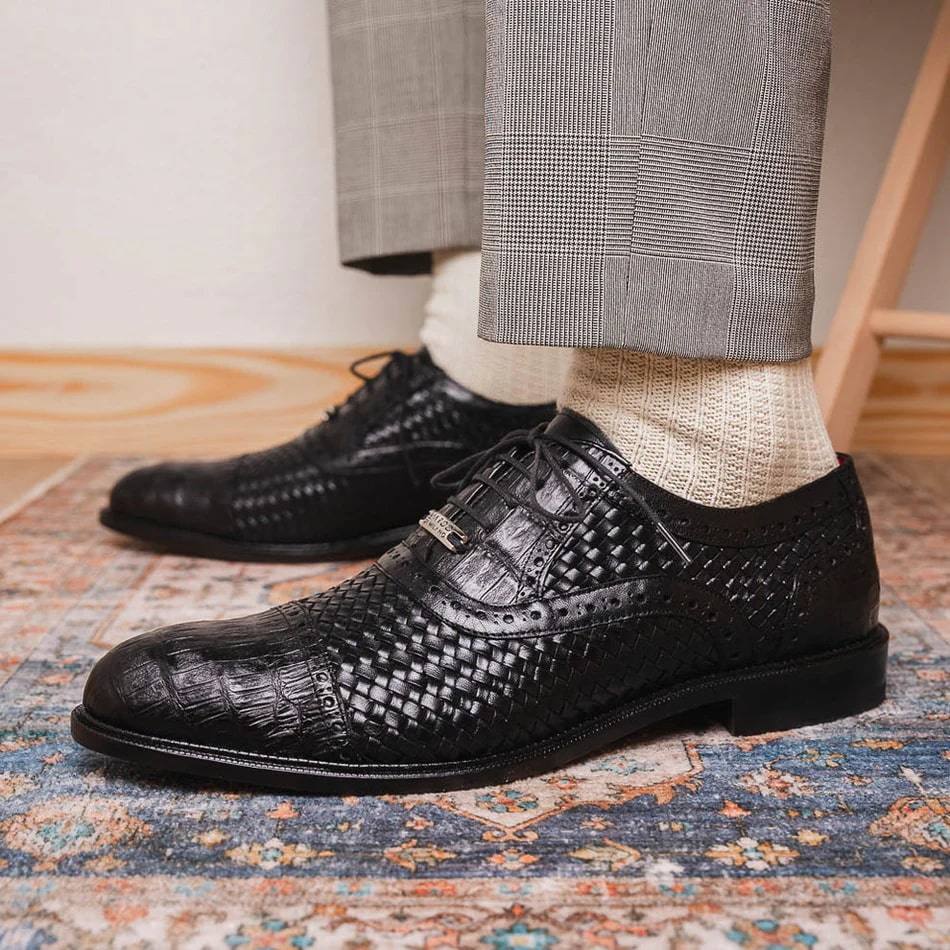 Marco Di Milano John Men's Shoes Exotic Caiman Crocodile / Woven Leather Dress Oxfords 6 JOHN_CAIMAN FUSCUS_BLACK_8.5  - from alligatorwarehouse.com
