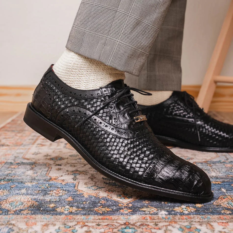 Marco Di Milano John Men's Shoes Exotic Caiman Crocodile / Woven Leather Dress Oxfords 7 JOHN_CAIMAN FUSCUS_BLACK_8.5  - from alligatorwarehouse.com