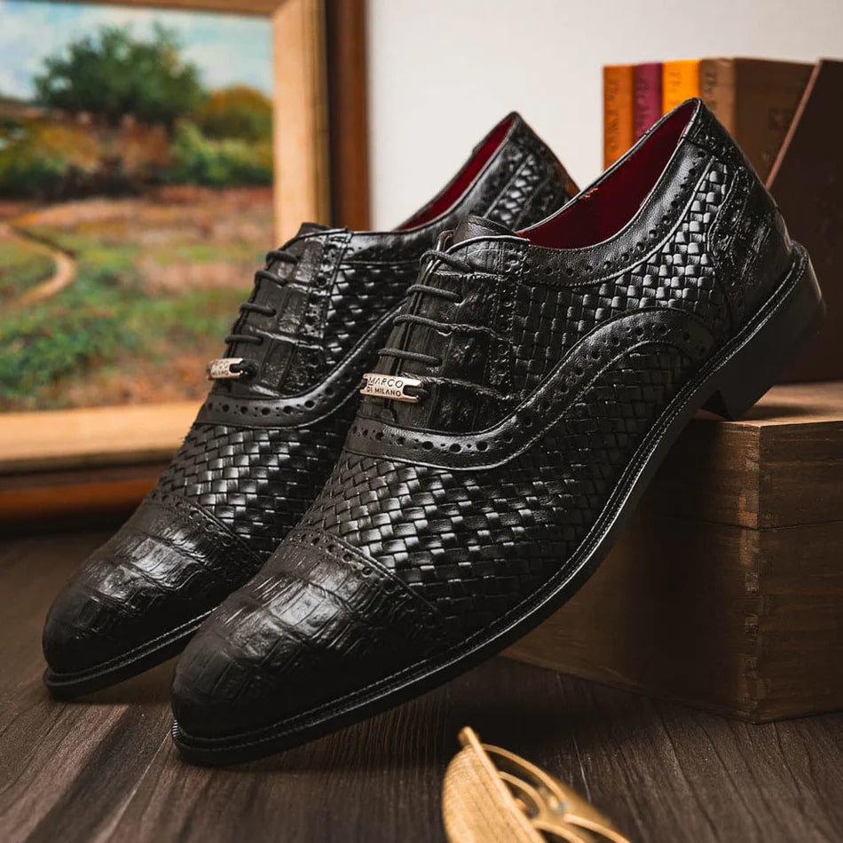 Marco Di Milano John Men's Shoes Exotic Caiman Crocodile / Woven Leather Dress Oxfords 8 JOHN_CAIMAN FUSCUS_BLACK_8.5  - from alligatorwarehouse.com
