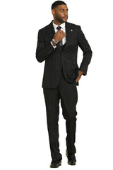 Stacy Adams Modern Fit Black Suit – Vested Tonal Shadow Pinstripe Style
