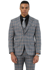 Men's Designer Stacy Adams Vested Glen Plaid Suit in Grey & Orange