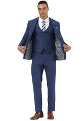 Men's Designer Stacy Adams Vested Suit in Indigo Blue Sharkskin Weave