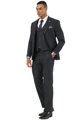 Men's Designer Stacy Adams Vested Suit in Black Sharkskin Weave