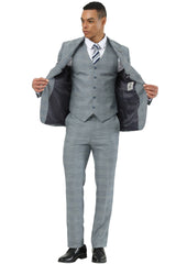 Men's Stacy Adams Vested Sharkskin Pattern Business Suit in Light Grey